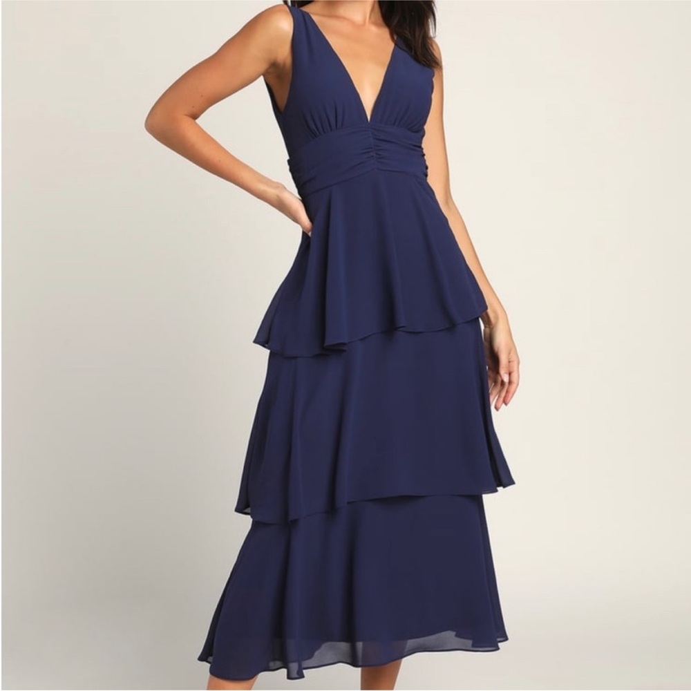 Lulu's Deep Blue Layered Midi Dress - Picture 2 of 12